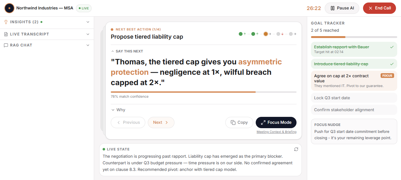 Echory live mode, user perspective: next best action, goal tracker and live state during the conversation